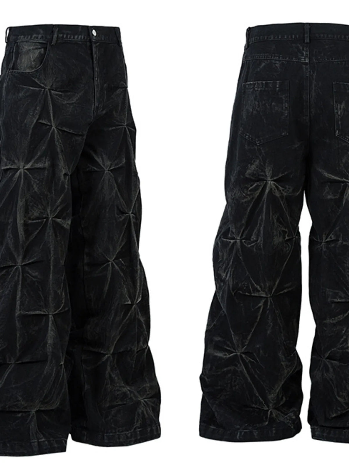 Side-by-side front and rear views of black men's wide-leg jeans with ruched seam details.