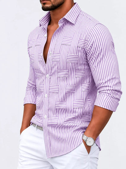 Pink-purple men’s collared button-front shirt with alternating striped panels and long sleeves, three-quarter view. One shirt included.