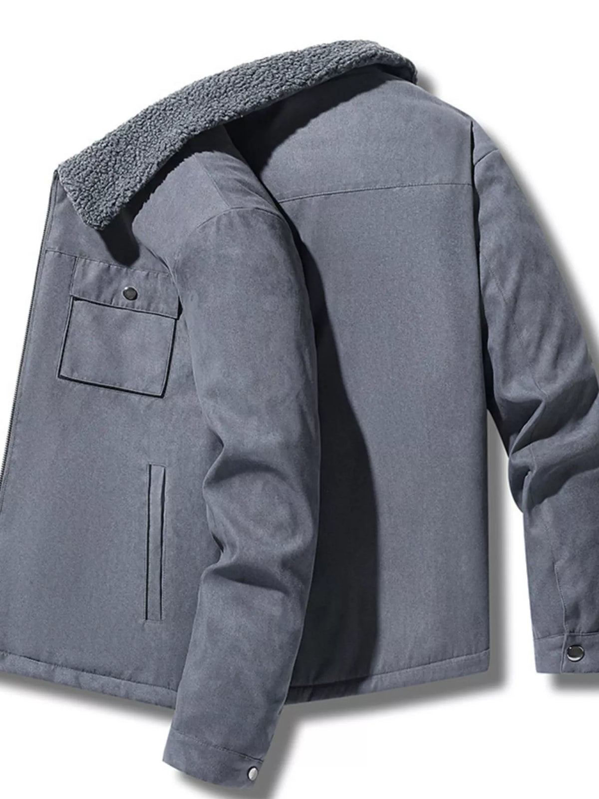 Angled view of the Gray long-sleeve utility jacket with button cuffs.