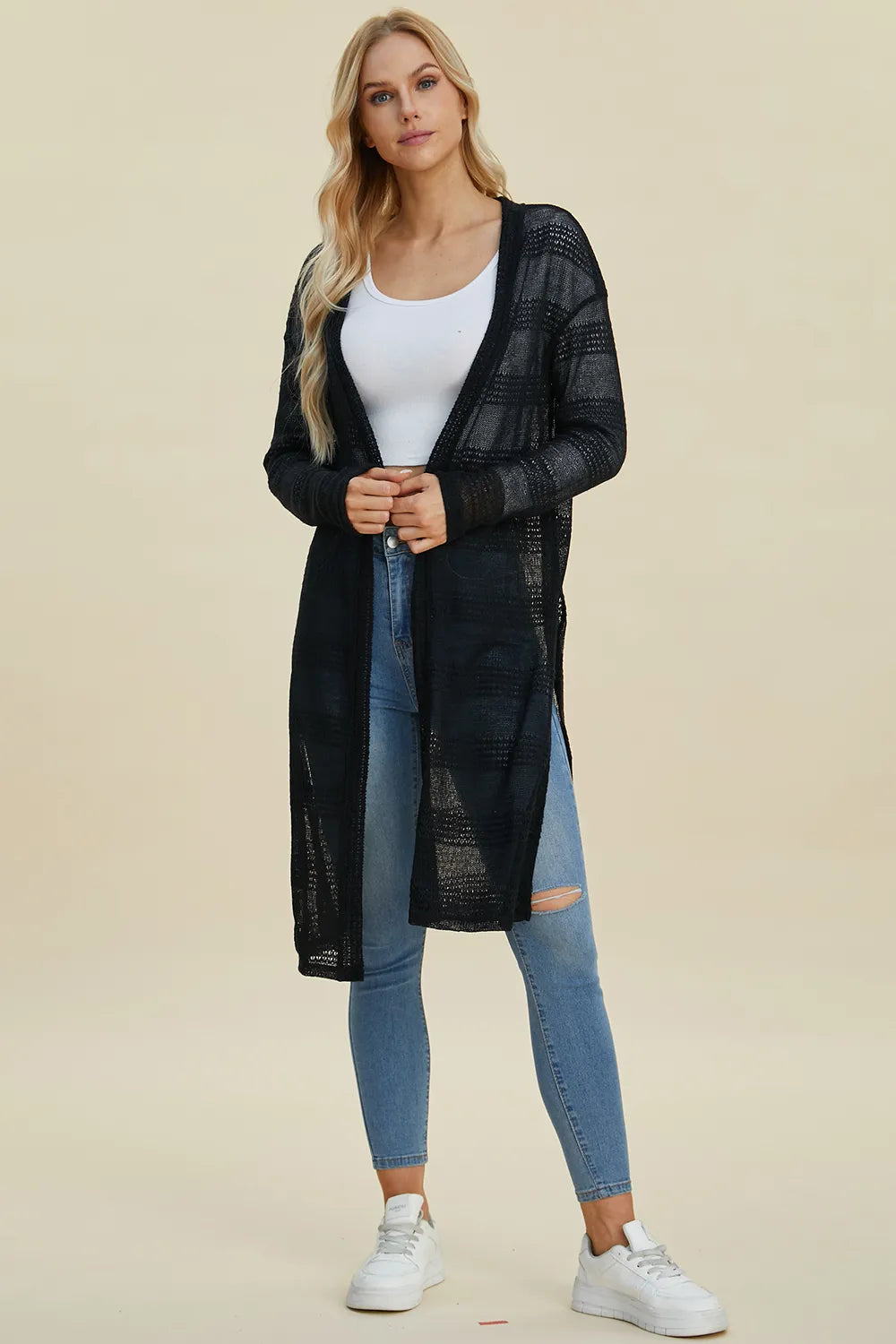 Black Double Take openwork longline cardigan — full-length front view