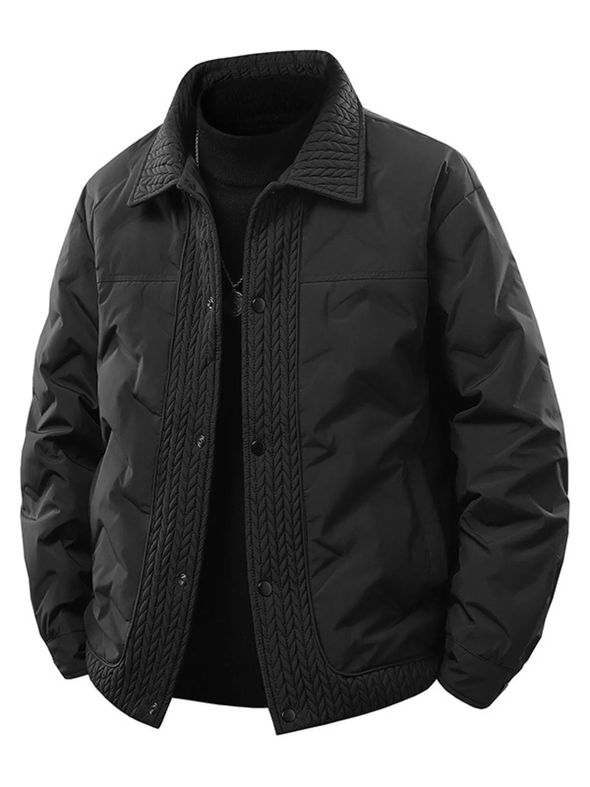 Black collared padded jacket shown from the front with snap fastening and quilted edging; black top and necklace are not included.