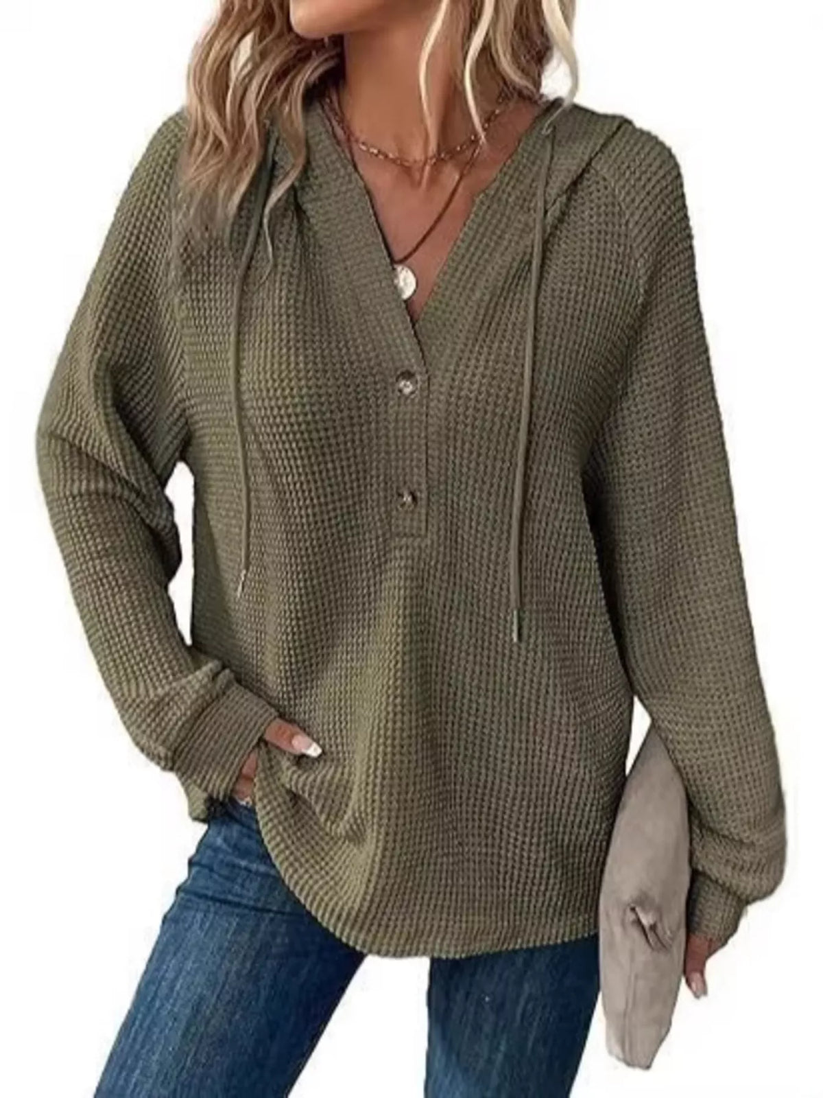 Full Size Waffle Knit Half-Button Hoodie Plus Size — view 9 of 17