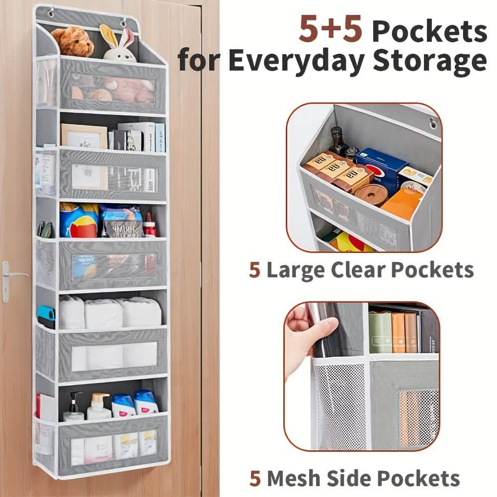 Five front pockets and side mesh pockets on one grey over-door organizer; displayed contents are not included.