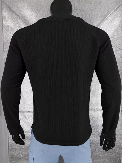 Black men’s waffle-knit Henley on a mannequin, back view.