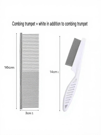 Small stainless-steel comb shown with a white-handled detail comb; Two Combing configuration.