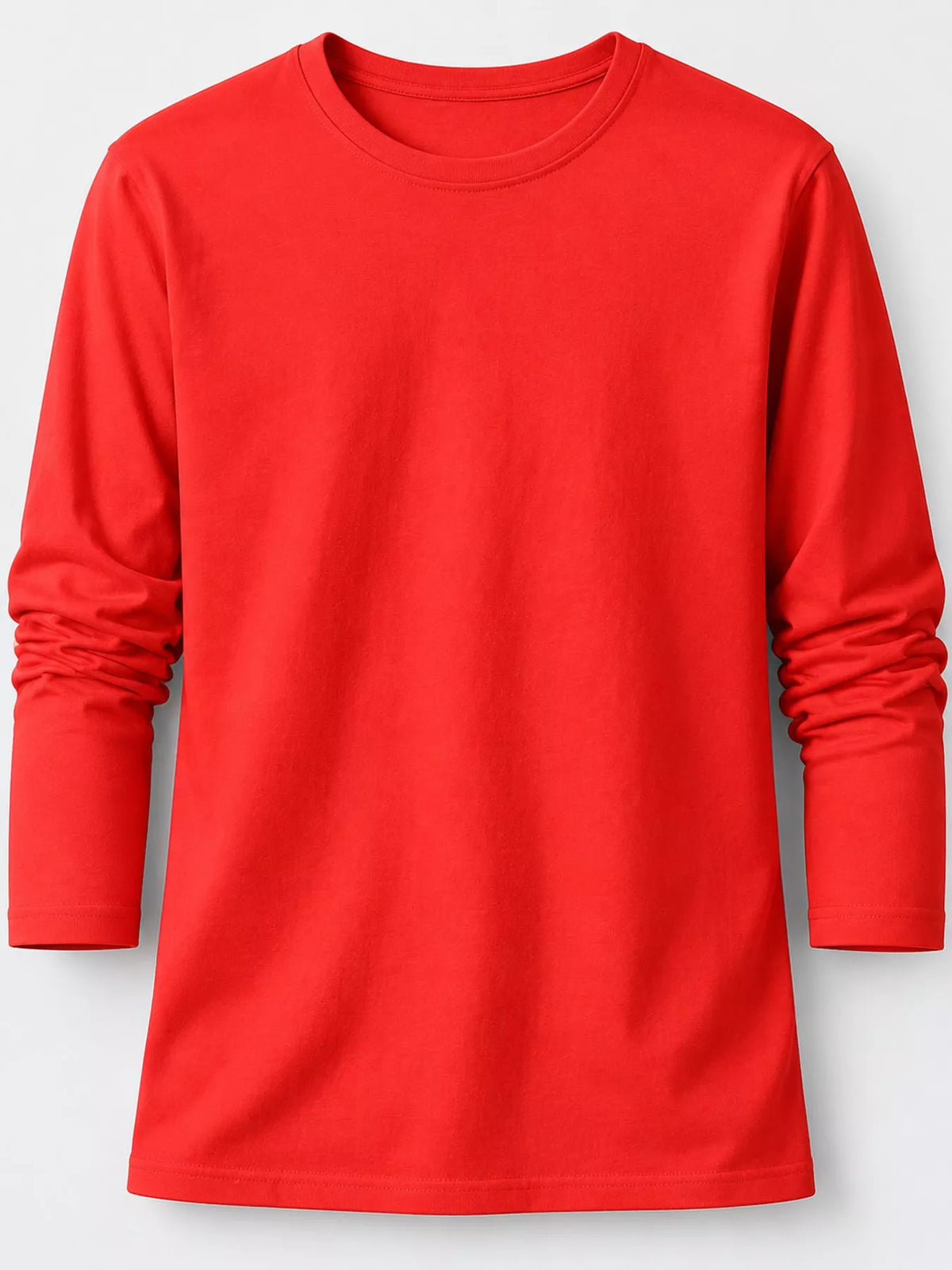 Red men's cotton long-sleeve crewneck tee, folded sleeve view.
