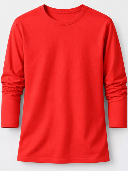 Red men's cotton long-sleeve crewneck tee, folded sleeve view.