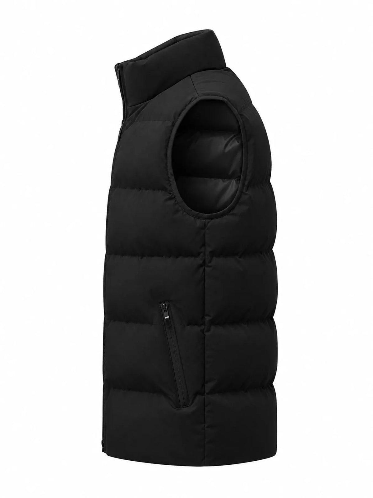 Black men's lightweight zip-up puffer vest — side view