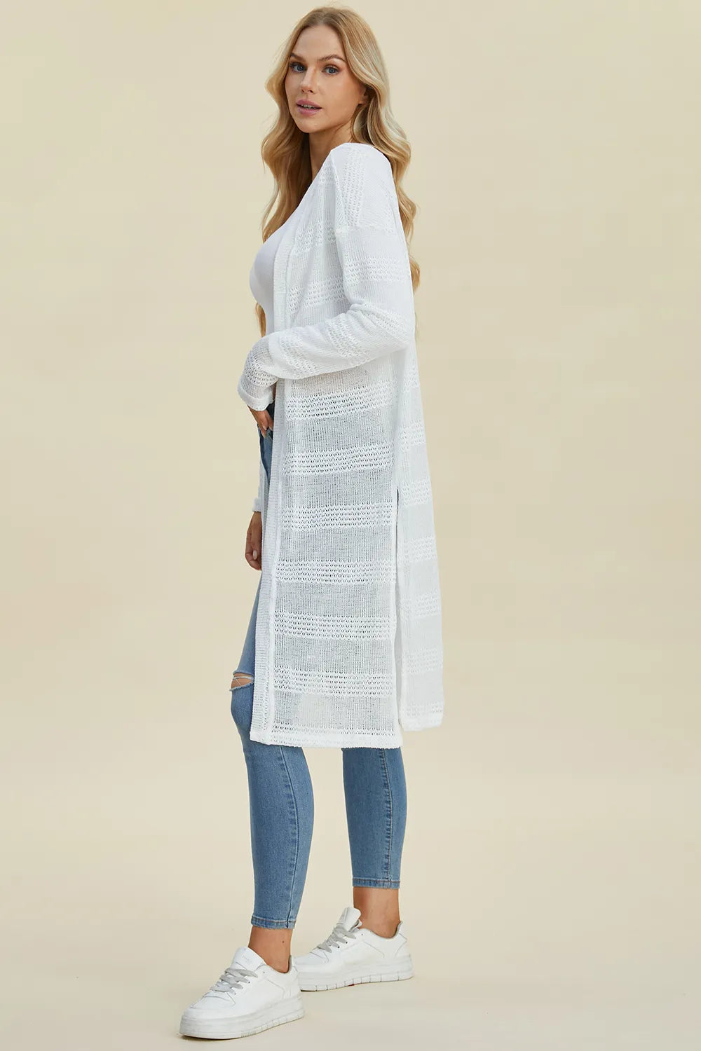 White Double Take openwork longline cardigan — side view