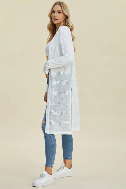 White Double Take openwork longline cardigan — side view