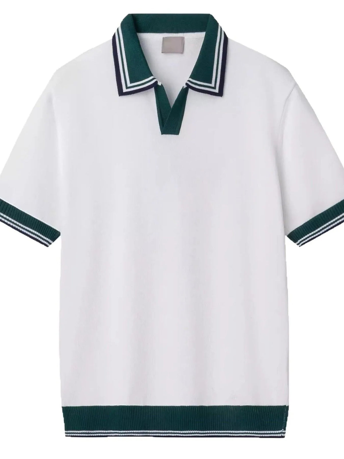 White short-sleeve polo displayed alone, with dark green and navy striped trim.