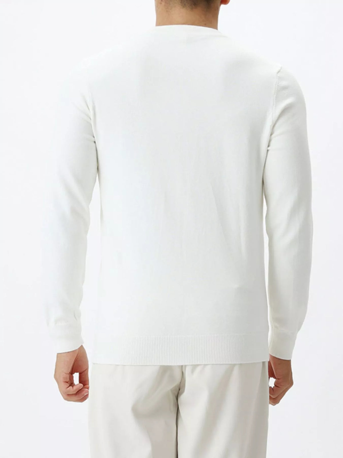 Men's long-sleeve crew-neck sweater in White, back view.