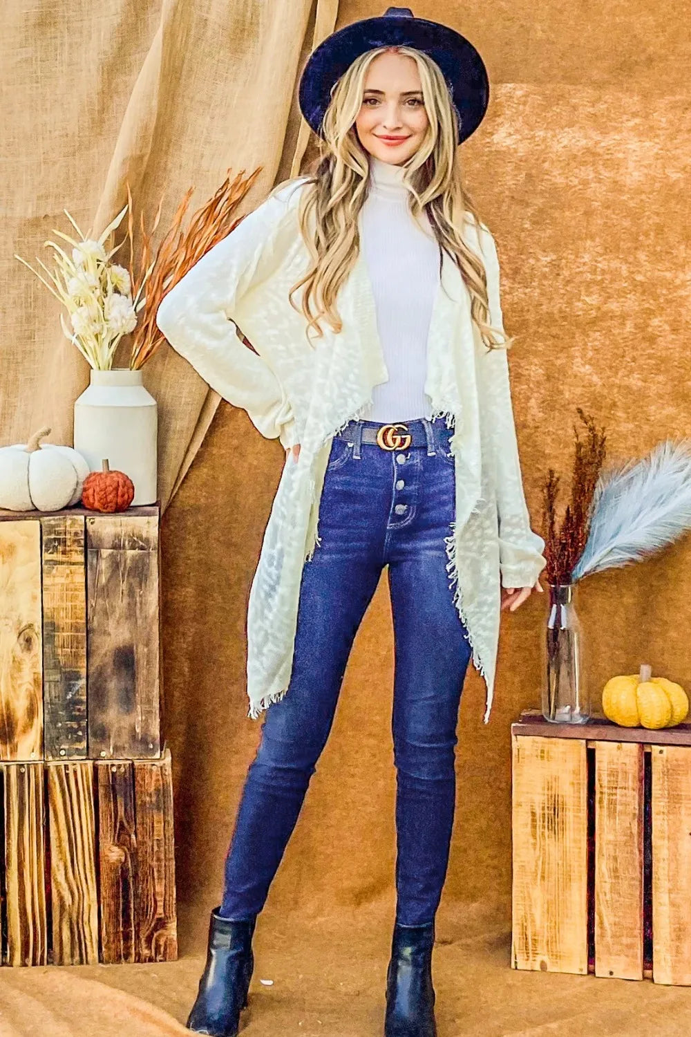 Ivory And The Why textured knit fringe-hem cardigan — full-length styling view