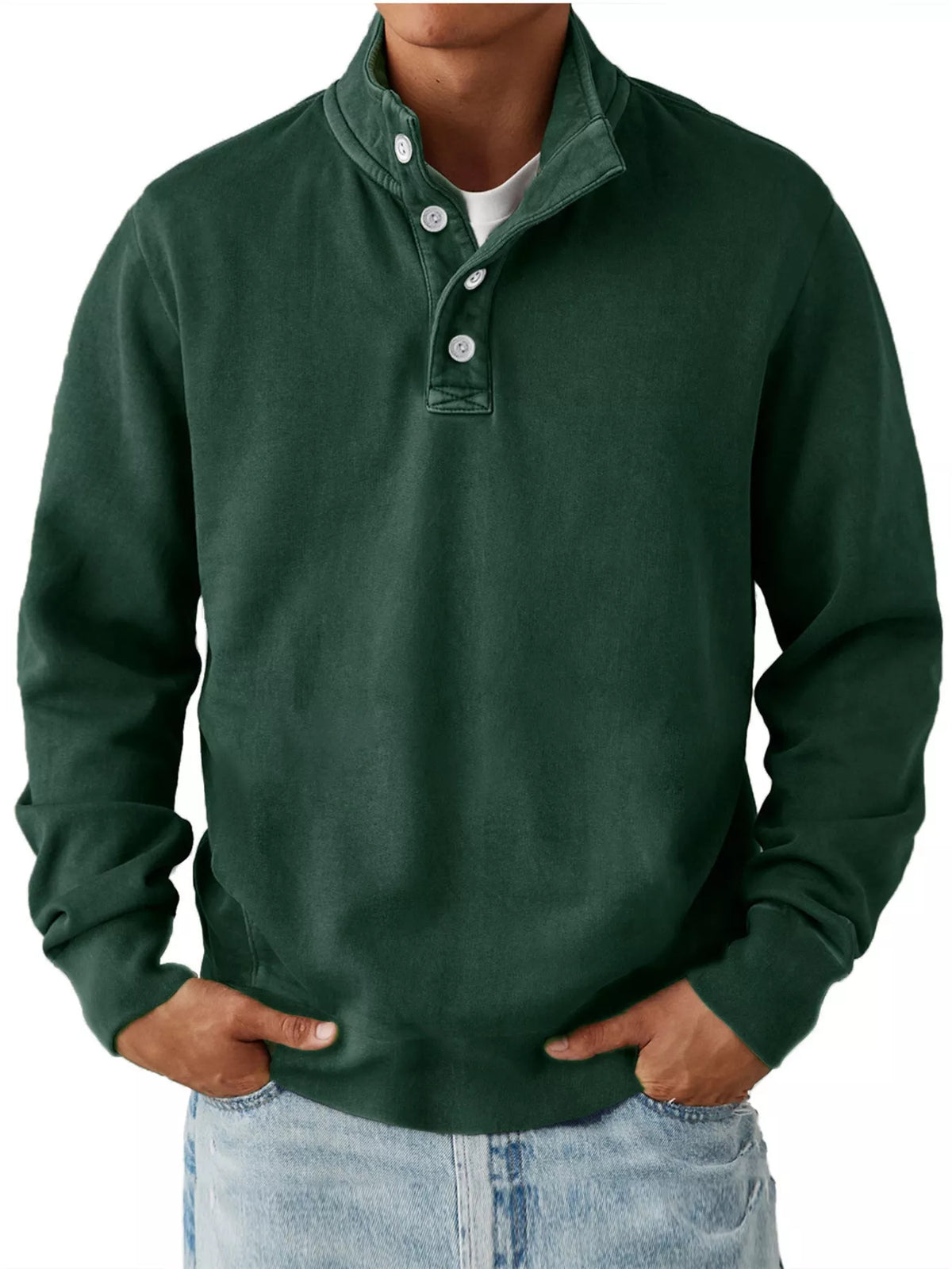 Dark Green men’s long-sleeve sweatshirt with stand collar and button placket, worn over a separate light T-shirt and jeans. One sweatshirt only.