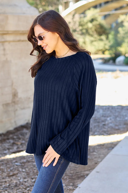 Basic Bae opaque ribbed long-sleeve knit top in Dark Blue, front view