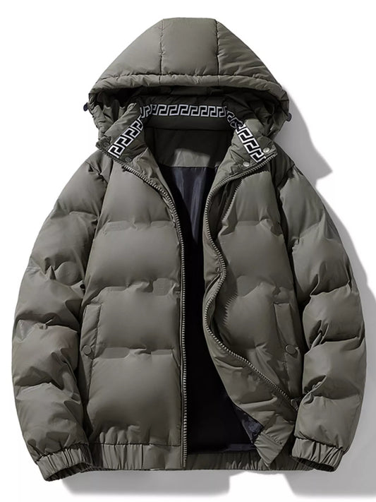 Deep Military Green men's hooded padded coat, garment-only front view showing the zip front, side pockets and patterned inner collar.
