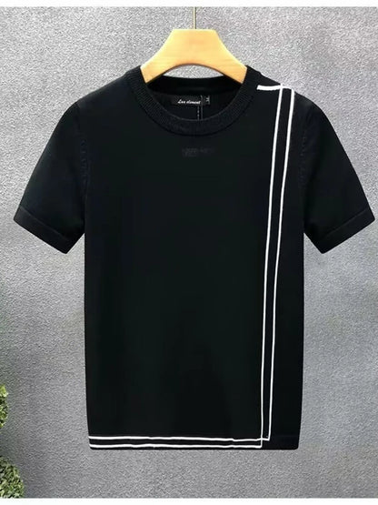 Black contrast-trim short-sleeve crewneck T-shirt on a hanger, front view.