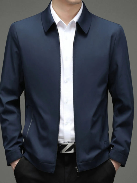Navy blue zip-front jacket, styled front view