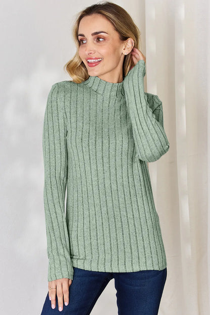 Light Green ribbed mock-neck long-sleeve top, product view; one top included, jeans and accessories excluded