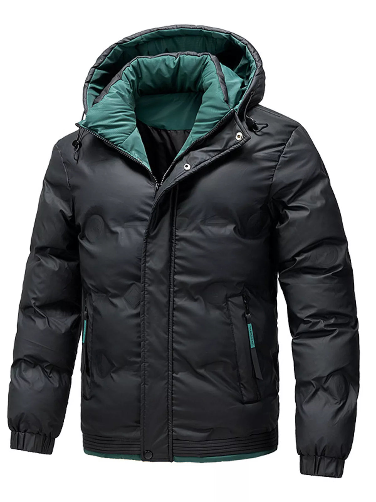 Men's black hooded puffer jacket, front view with green collar lining and zip pockets
