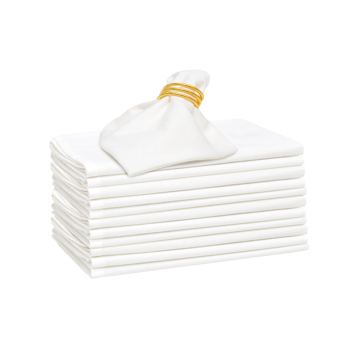 Stack of 12 white flour-sack cotton napkins with one folded napkin on top