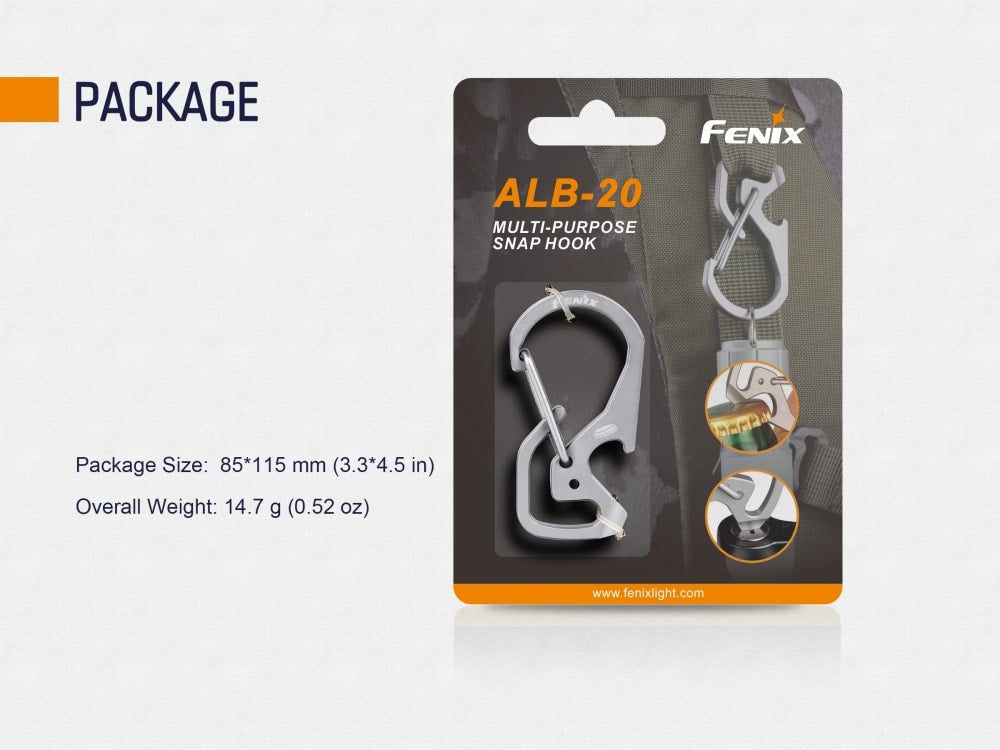Retail package containing a Fenix ALB-20 snap hook; graphic lists package dimensions and packaged weight.