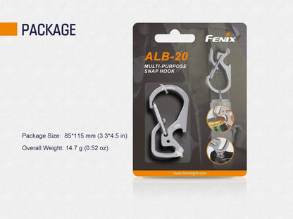 Retail package containing a Fenix ALB-20 snap hook; graphic lists package dimensions and packaged weight.