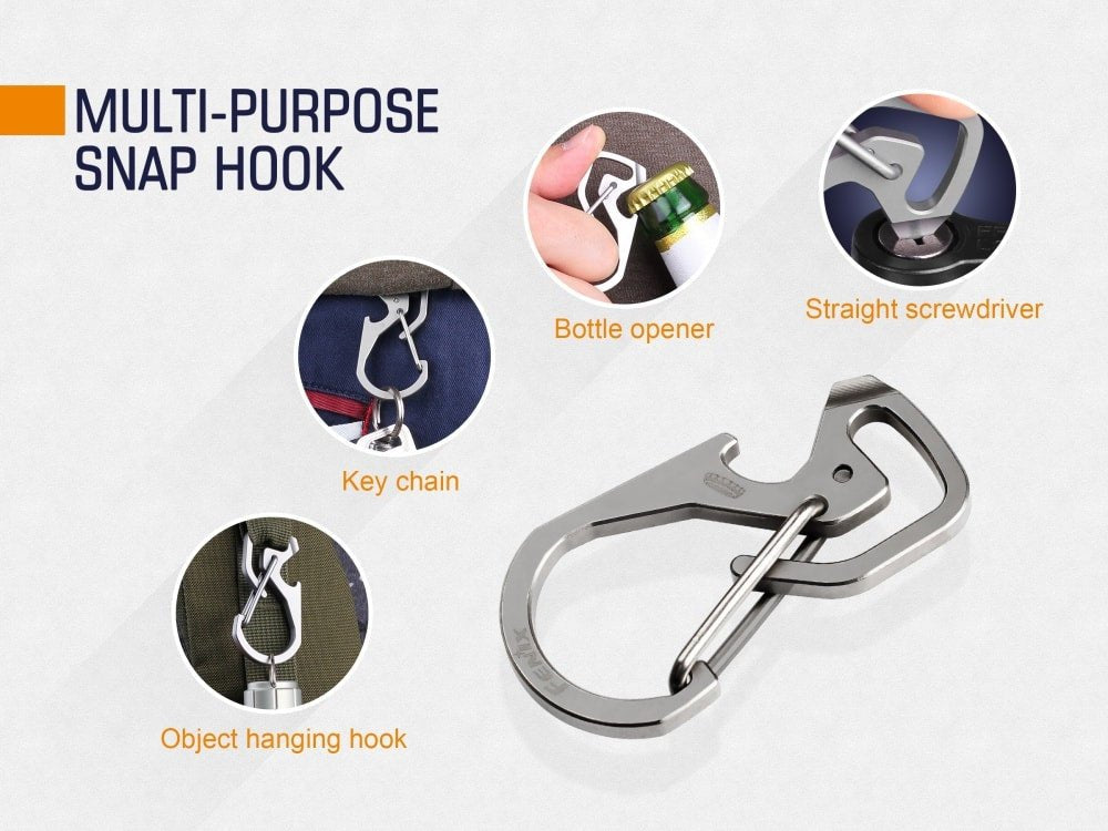 Fenix ALB-20 feature graphic demonstrating the bottle opener, straight screwdriver, keychain clip and hanging hook.