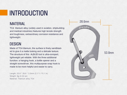 Fenix ALB-20 specification graphic listing TC4 titanium alloy, 53.8 × 28.6 × 3.5 mm dimensions and 9 g weight.