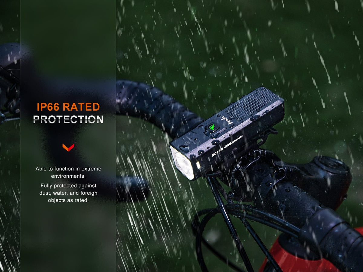 Fenix BC15R mounted on wet handlebars in manufacturer weather graphic