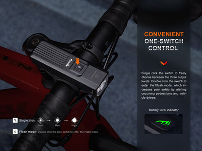 Top switch and indicator of the Fenix BC15R mounted on handlebars