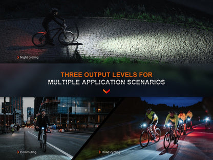 Three Fenix BC15R output settings illustrated in cycling scenes