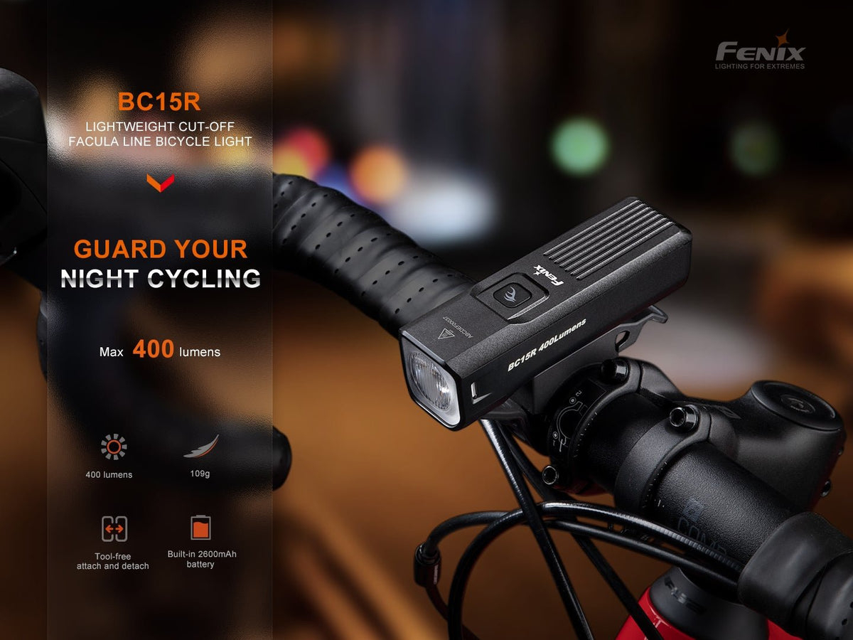 Fenix BC15R light mounted on bicycle handlebars, manufacturer feature graphic