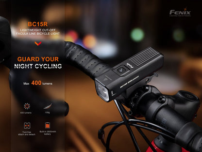 Fenix BC15R light mounted on bicycle handlebars, manufacturer feature graphic