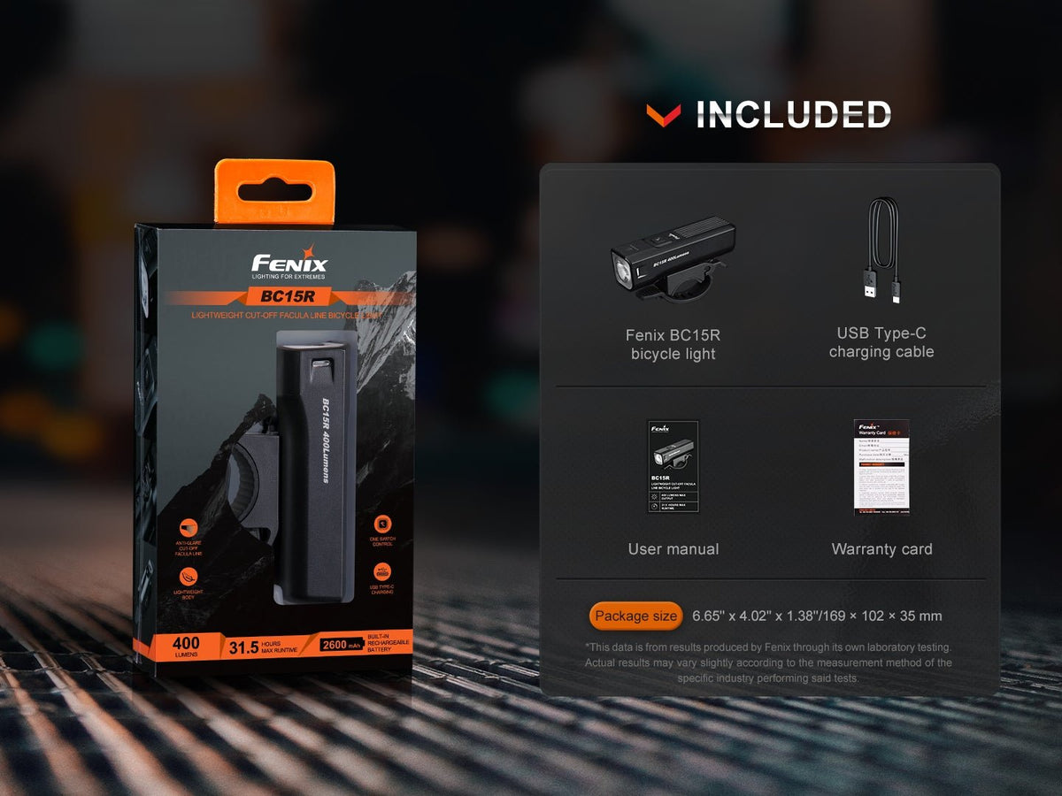 Fenix BC15R retail box, light, USB-C cable, manual and warranty card