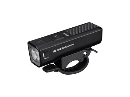Fenix BC15R black bicycle front light with handlebar mount, angled front view