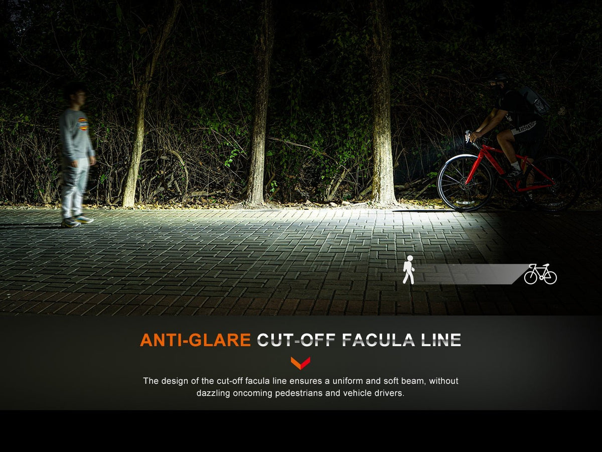 Fenix BC15R anti-glare beam comparison shown on a nighttime path