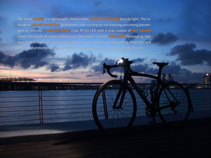 Fenix BC25R bicycle light pictured on a bicycle outdoors