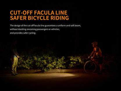 Fenix BC25R bicycle light shown during an evening ride