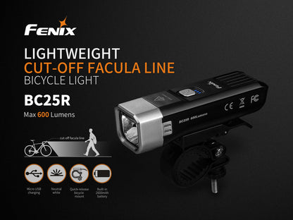 Fenix BC25R manufacturer graphic showing the bicycle light and its design features