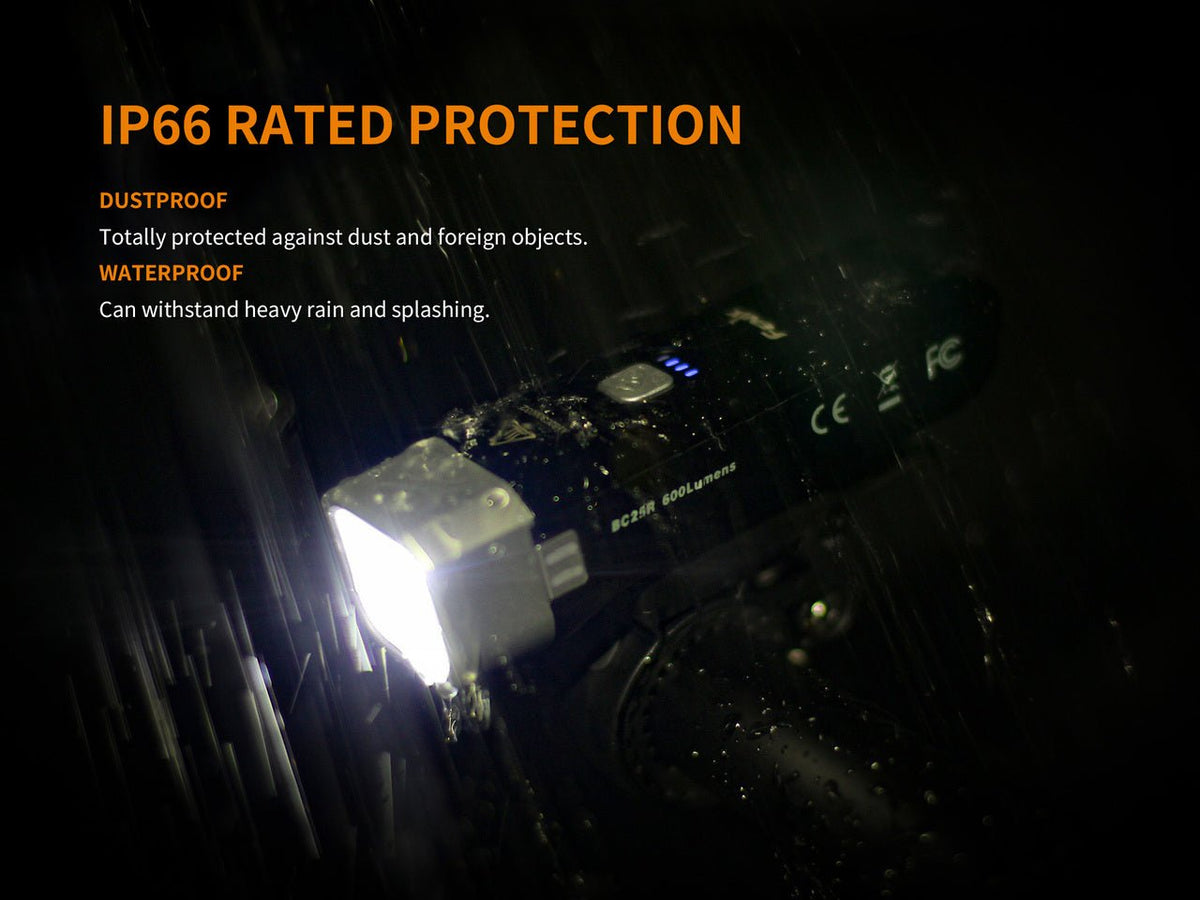 Fenix BC25R manufacturer graphic about wet-weather use