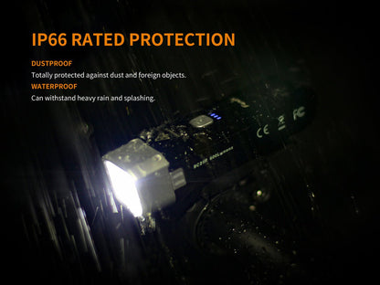Fenix BC25R manufacturer graphic about wet-weather use