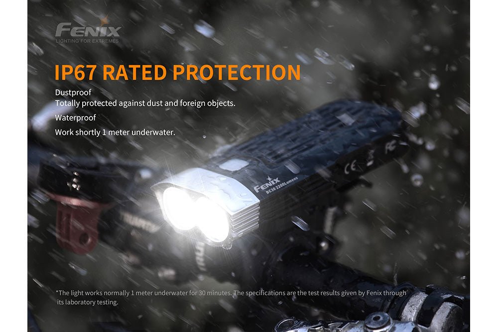 Fenix BC30 V2 bicycle light in wet outdoor conditions