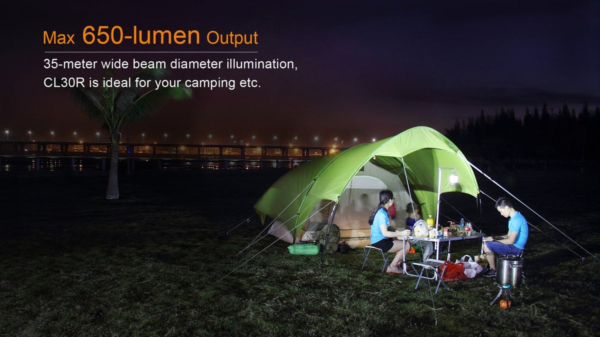 Campsite lit by the Fenix CL30R lantern at night