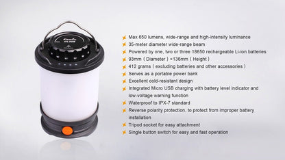 Fenix CL30R lantern with feature summary