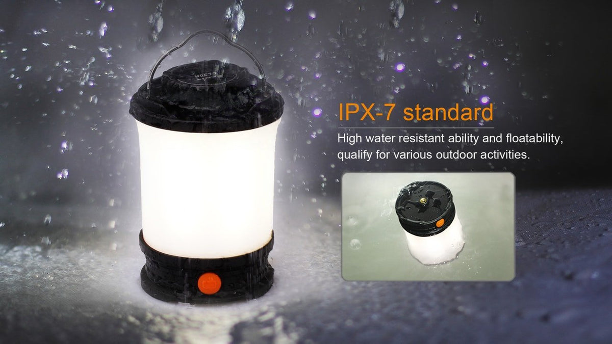 Fenix CL30R lantern in rain with IPX7 water-resistance graphic
