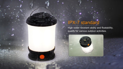 Fenix CL30R lantern in rain with IPX7 water-resistance graphic