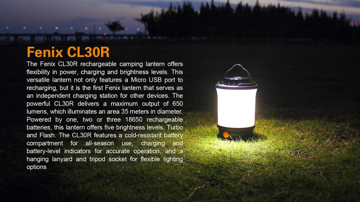 Fenix CL30R lantern illuminated at a campsite with product overview
