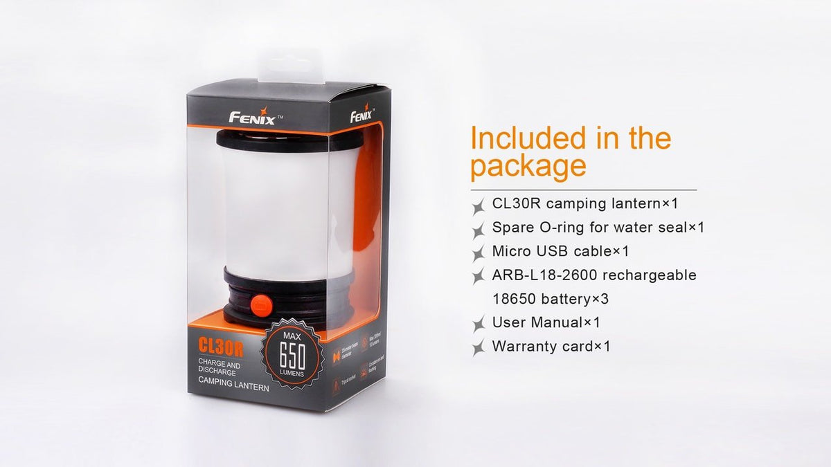 Fenix CL30R lantern retail package and included-items list