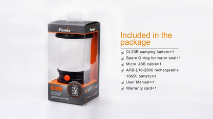 Fenix CL30R lantern retail package and included-items list